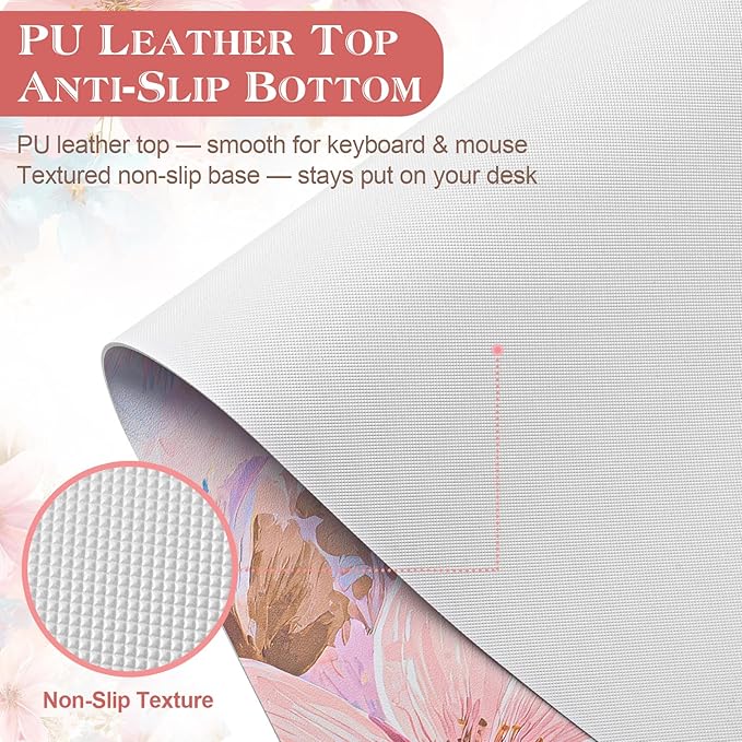 Desk Mat Desk Pad for Keyboard and Mouse, 31.5 x 15.7 in, Pastel Pink Blue Floral Watercolor PU Leather Computer Protector, Non-Slip Base, Waterproof, Easy Clean for Office Gaming, Mouse Pad