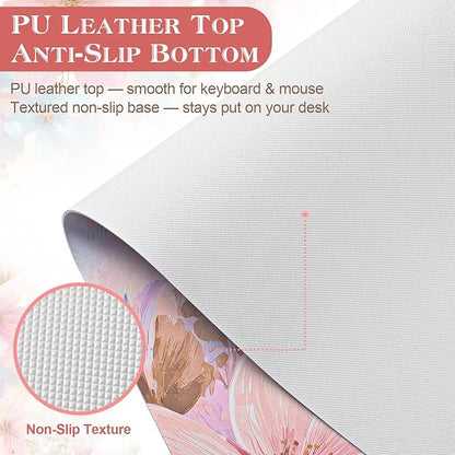 Desk Mat Desk Pad for Keyboard and Mouse, 31.5 x 15.7 in, Pastel Pink Blue Floral Watercolor PU Leather Computer Protector, Non-Slip Base, Waterproof, Easy Clean for Office Gaming, Mouse Pad