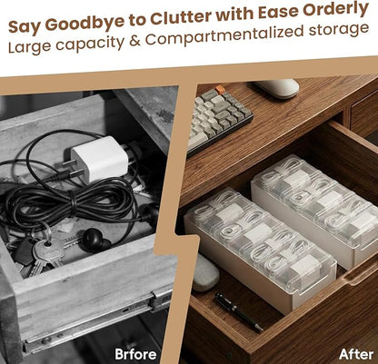 8 Individual Cable Organizer Boxes With Base, Cord Storage Organizer With Labels And Cable Straps For Charging Cables, Adapters, Earphones And Small Electronic Accessories