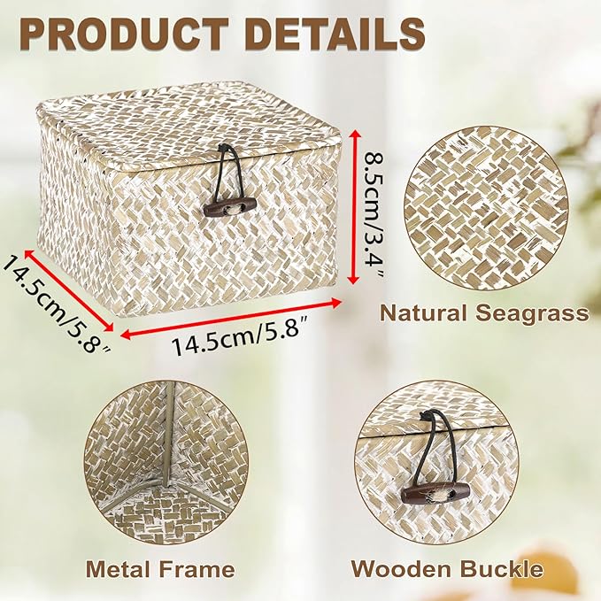 Hipiwe Wicker Shelf Baskets with Lid Handwoven Seagrass Storage Box Decorative Basket Bin Household Organizer Bin for Shelf Bathroom Coffee Table Decor Organizer, X-small