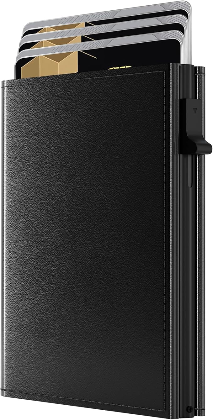 QLD Minimalist Wallet for Men - RFID Blocking [Smart & Practical] Trifold Slim Card Holder Pop Up Wallets Metal Case for Front Pocket with Cash Slot, ID Window, Magnetic Closure