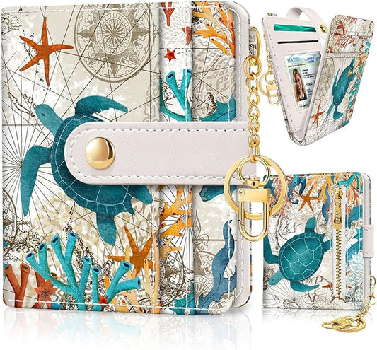 Jogjam Sea Turtle Rfid Women Wallet, Small Slim Thin Credit Card Wallet, PU Leather Bifold Cash Zipper Coin Pocket ID Window for Female Ladies Teen Girls Girly