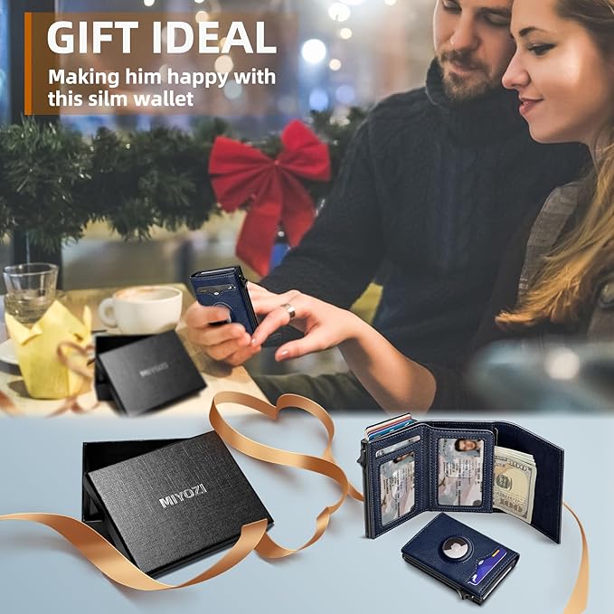miyozi Airtag Wallet for Men,with Cash Pocket 2 ID Window 9-12 Cards,Metal Case Smart Slim Pop Up Credit Card Holder Flip with Magnetic Closure RFID Blocking Trifold wallet with Gift Box