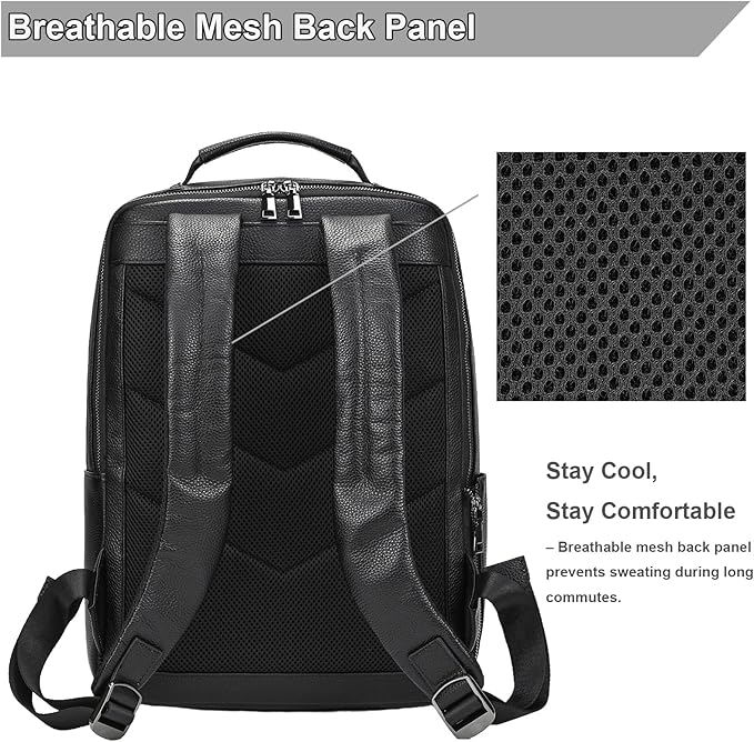 Durable Genuine Leather Backpack - 15.6 Inch Laptop Bag for Business Commute & Travel, Large Capacity Multi-Pocket Backpack for Men/Women, Black