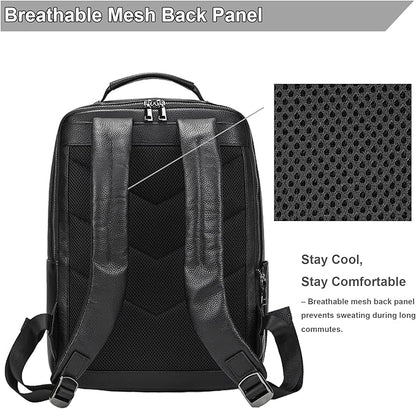 Durable Genuine Leather Backpack - 15.6 Inch Laptop Bag for Business Commute & Travel, Large Capacity Multi-Pocket Backpack for Men/Women, Black