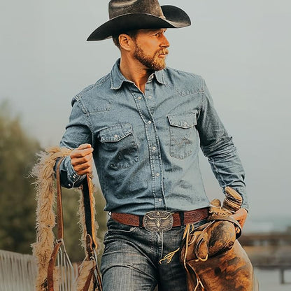 SANSTHS Western Cowboy Ratchet Belts for Men Women Leather Cowboy Belt with Automatic Western Buckle for Jeans Gifts