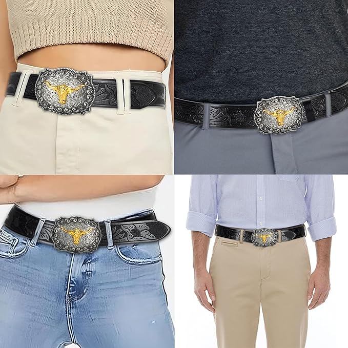 Western Cowboy-Belts for Men Big-Buckle Longhorn-Bull PU-Leather Rodeo Cowgirl-Belt Engraved Floral - Waist 25-38"