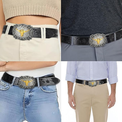 Western Cowboy-Belts for Men Big-Buckle Longhorn-Bull PU-Leather Rodeo Cowgirl-Belt Engraved Floral - Waist 25-38"