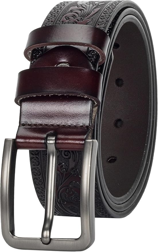 INOGIH Mens Western Floral Engraved Embossed Tooled Genuine Leather Belt - Square Buckle Casual Belt For Daily Decoration
