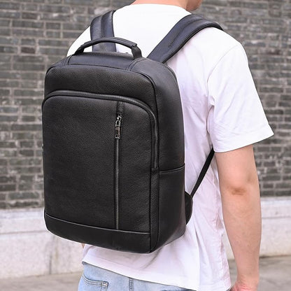 Genuine Leather 15.6 Inch Laptop Backpack for Men, Multi Pocket Slim Daypack Shoulder Bag with Trolley Sleeve for Business Travel (Black)