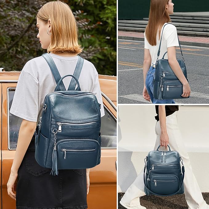 ALTOSY Genuine Leather Backpack Purse for Women Large Shoulder Bag With Laptop Compartment Multiple Pockets(S106 Indigo Blue)