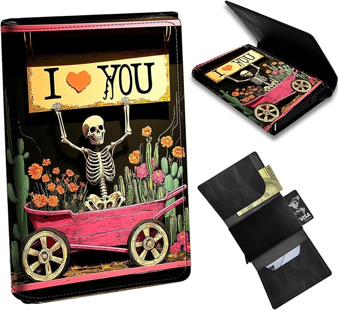 Minimalist Wallet for Men's Card Holders, Pop-Up Card Case Durable Wallets for Women, Leather Automatic Credit Card Holder with Metal Money Clip RFID Blocking Bifold Pocket, Red Car Skull
