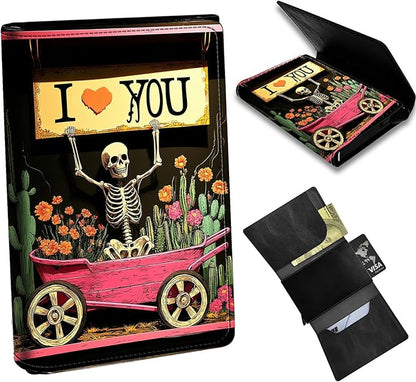 Minimalist Wallet for Men's Card Holders, Pop-Up Card Case Durable Wallets for Women, Leather Automatic Credit Card Holder with Metal Money Clip RFID Blocking Bifold Pocket, Red Car Skull