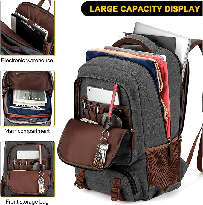 Tzowla Canvas Laptop Backpack, Bag for Men Women,Travel Work Rucksack Fits 17.3 Inch Laptop, Large Capacity Bookbag(Dark Grey)