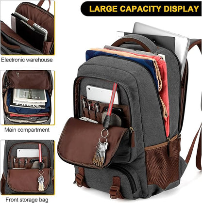 Tzowla Canvas Laptop Backpack, Bag for Men Women,Travel Work Rucksack Fits 17.3 Inch Laptop, Large Capacity Bookbag(Dark Grey)