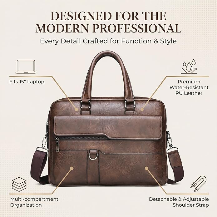 Men's Leather Laptop Bag 15 IN, Water-Resistant Briefcase Messenger Bag for Work, Business, Shoulder Crossbody Office Satchel