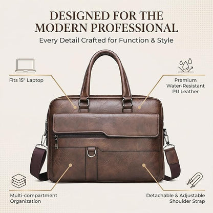 Men's Leather Laptop Bag 15 IN, Water-Resistant Briefcase Messenger Bag for Work, Business, Shoulder Crossbody Office Satchel