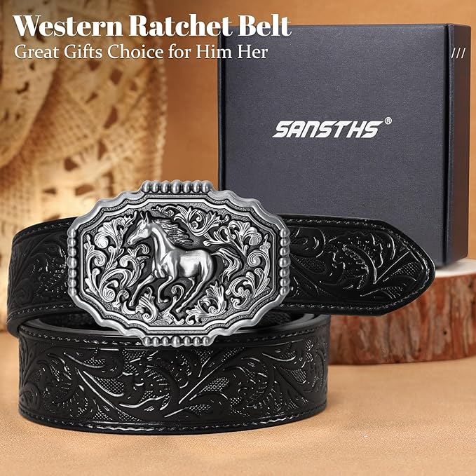 SANSTHS Western Cowboy Ratchet Belts for Men Women Leather Cowboy Belt with Automatic Western Buckle for Jeans Gifts
