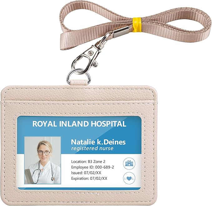 Teskyer Badge Holder with Lanyard, Leather ID Name Badge Card Holder with Lanyard for ID Badges, Horizontal, Lychee Pattern Beige