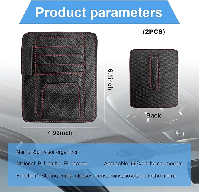 Augeny 2 PCS Car Sun Visor Organizer, Auto Visor Organizer and Storage, Registration and Document Holder, Vehicle Accessories for Sunglasses Document Card Pen Driver License (Carbon Fiber Red Line)