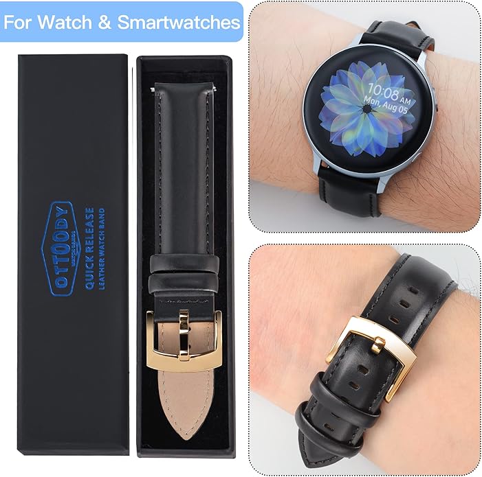 OTTOODY Leather Watch Bands Quick Release, Elegant Top Grain Leather Watch Straps for Men & Women, Choice of Color & Width - 18mm, 19mm, 20mm, 21mm or 22mm Wristbands Bracelet for Watch & Smartwatch