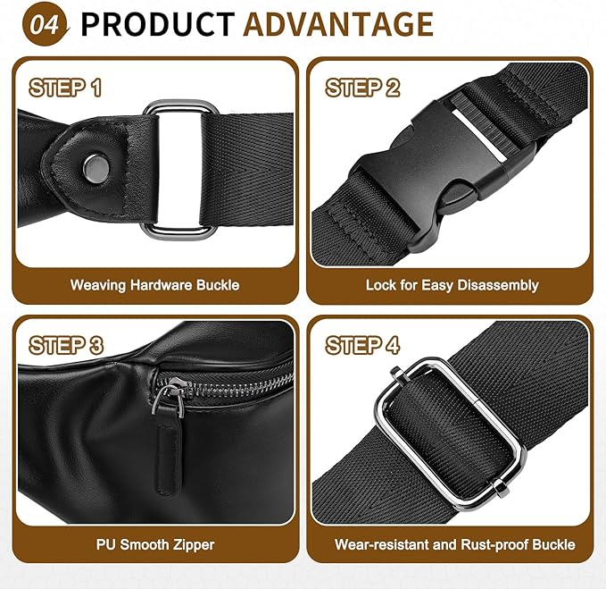 Faux Leather Belt Bag for Women, Crossbody Fanny Pack with Adjustable Strap, Back Zipper Pocket, Large Capacity Waist Pack for Travel, Concerts, Black