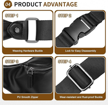Faux Leather Belt Bag for Women, Crossbody Fanny Pack with Adjustable Strap, Back Zipper Pocket, Large Capacity Waist Pack for Travel, Concerts, Black