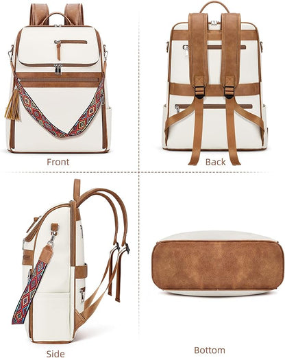 SYTRAH Leather Laptop Backpack for Women Designer Laptop Bag, 16.5 inch Travel Computer Backpacks Purse with Tassel for Work Business with Satchel Purse Beige Brown