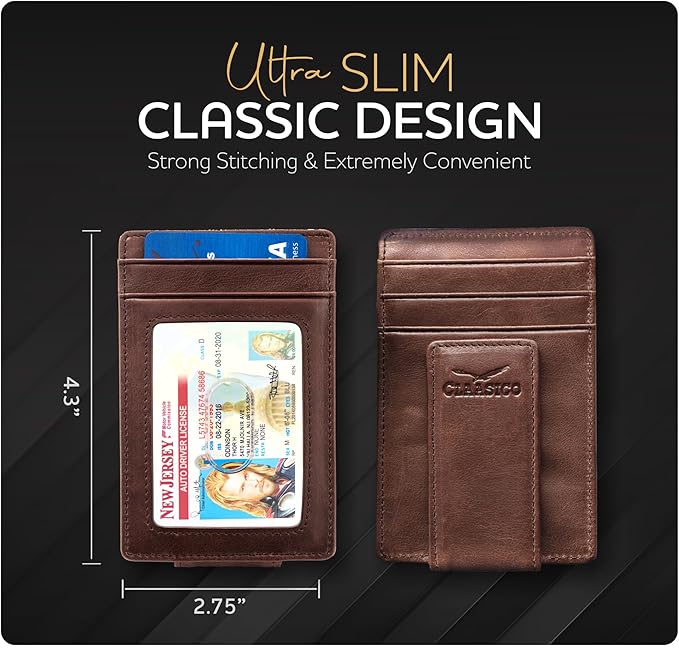 Claasico Men’s Leather Money Clip Wallet – Slim Front Pocket Wallet w/Super Strong Magnetic Clip, RFID Blocking, 5 Card Slots & Center Pocket + ID Window