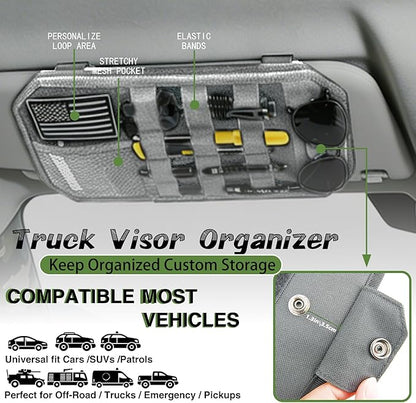 Car Sun Visor Organizer, Semi-Rigid Molle Panel Tactical Car Accessories with Zipper Storage Pouch, Sunglass Holder for Car Visor Organizer, Universal Fit for Trucks, SUVs, Jeeps & Police Gear, Grey