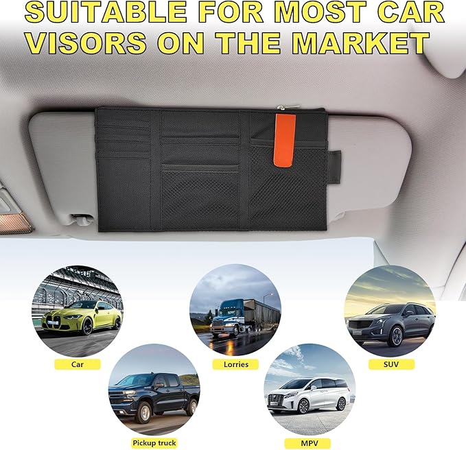 Povtii 2 PCS Car Sun Visor Organizer, Oxford Cloth Multi-Pocket Storage Holder with Zipper, Auto Visor Storage Net Pouch for Card Note Phone Registration, Car Accessories (Black)