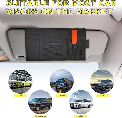 Povtii 2 PCS Car Sun Visor Organizer, Oxford Cloth Multi-Pocket Storage Holder with Zipper, Auto Visor Storage Net Pouch for Card Note Phone Registration, Car Accessories (Black)