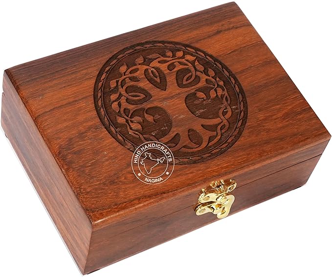 Rosewood Handmade Wooden Urn Tree of Life Engraving Handcarved Jewellery Box for Women-Men Jewel | Home Decor Accents | Decorative Boxes | Storage & Organiser (7" x 5.5" x 3.5", Tree - 7)