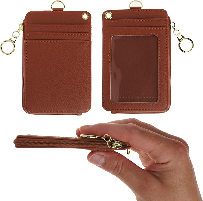 Mondo Designs 2-in-1 ID Badge Holder & Lanyard Wallet - Multi-Use Womens Small Wallet with Removable Wristlet & Neck Lanyard, Clear Window, 5 Card Slots, Phone Holder, Ring Keychain - Brown