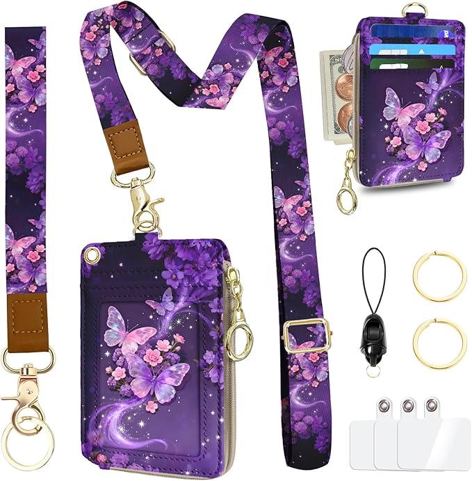 Lanyard Wallet with Id Badge Holder, RFID Small Keychain Wallet Lanyard for Women Wristlet, Pu Leather Zipper Credit Card Holder Phone Wrist Neck Strap for Key Name Tag - Purple Butterfly