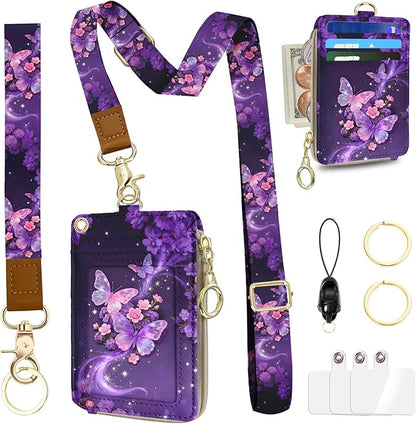 Lanyard Wallet with Id Badge Holder, RFID Small Keychain Wallet Lanyard for Women Wristlet, Pu Leather Zipper Credit Card Holder Phone Wrist Neck Strap for Key Name Tag - Purple Butterfly