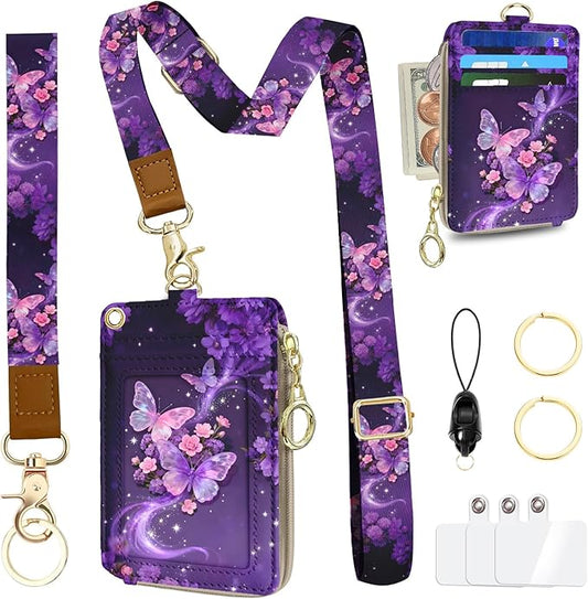 Lanyard Wallet with Id Badge Holder, RFID Small Keychain Wallet Lanyard for Women Wristlet, Pu Leather Zipper Credit Card Holder Phone Wrist Neck Strap for Key Name Tag - Purple Butterfly