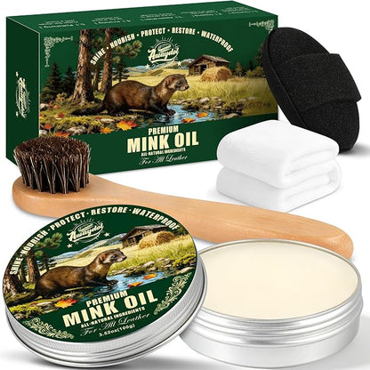 4-in-1 Mink Oil Leather Conditioner and Cleaner 3.52 oz - Premium Waterproof Formula for Leather Cowboy Boots,Shoes,Saddles & Bags with Horsehair Brush, Sponge & Microfiber Cloth