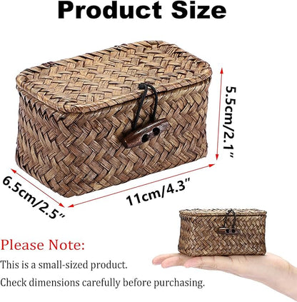 Hipiwe Mini Seagrass Basket with Lid Wicker Storage Basket Small Handwoven Multipurpose Desktop Baskets Home Decor, 4.3"L x 2.5"W x 2.1"H