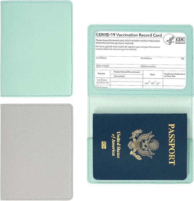 2 Pack Passport and Vaccine Card Holder PU Leather Passport Wallet Vaccine Case Protector Slot Travel Passport Wallet for Women & Men (D-Grey&Green)