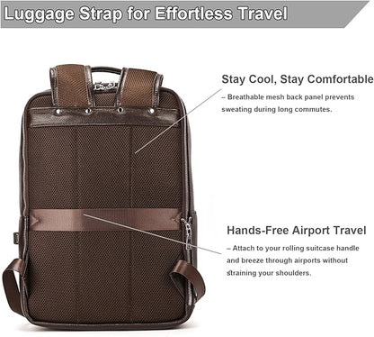 Genuine Leather 15.6 Inch Laptop Backpack for Men, Multi Pocket Slim Daypack Shoulder Bag with Trolley Sleeve for Business Travel (Brown)