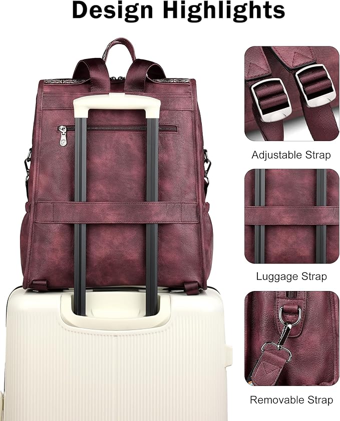 FADEON Leather Laptop Backpack for Women, Designer Ladies Work Travel Computer Backpack with Laptop Compartment Purse Red