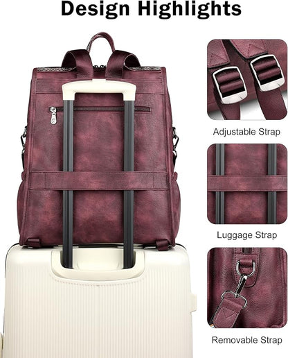 FADEON Leather Laptop Backpack for Women, Designer Ladies Work Travel Computer Backpack with Laptop Compartment Purse Red