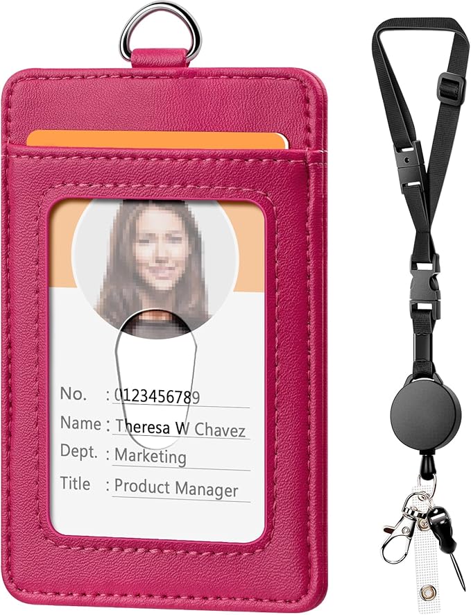 Leather Badge Holder and Adjustable Retractable Lanyards, Quick Release Buckle and Safety Breakaway Lanyards with Swivel Metal Clasp for Offices, Staff, Students, Employees