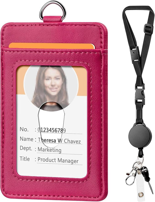 Leather Badge Holder and Adjustable Retractable Lanyards, Quick Release Buckle and Safety Breakaway Lanyards with Swivel Metal Clasp for Offices, Staff, Students, Employees