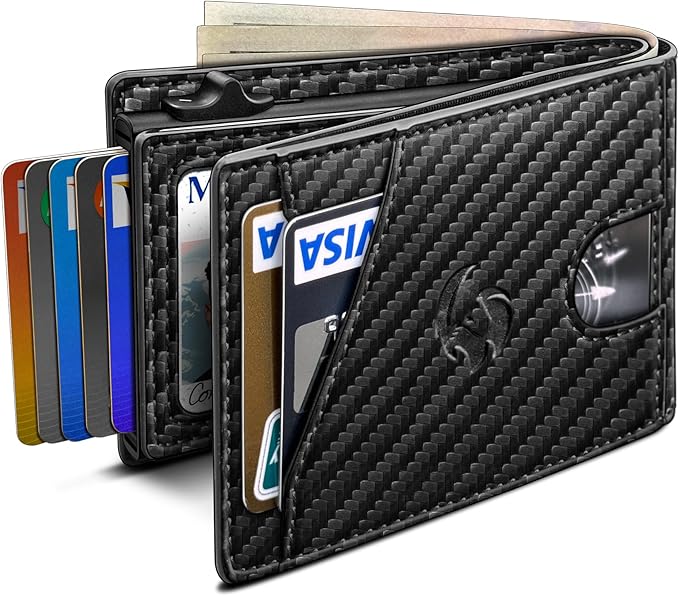 Wallet for Men, Slim Pop Up Card Holder with RFID Blocking, Minimalist Bifold Wallet with 9 Card Slots, ID Window and Cash Pocket, Metal Flip Case with Magnetic Closure, Gift Box