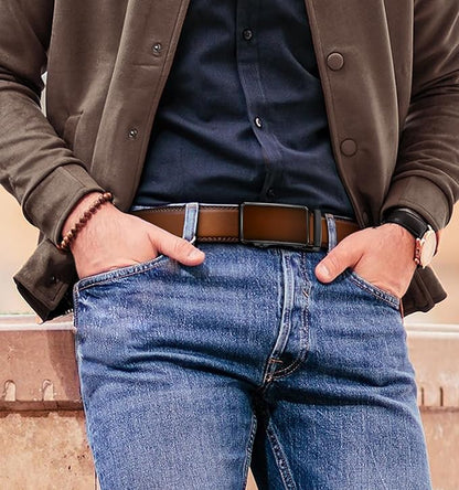 KEMISANT Men Belt Ratchet Click Belt Genuine Leather Adjustable For Men Golf Dress Casual Jeans 1 3/8-Cut For Fit