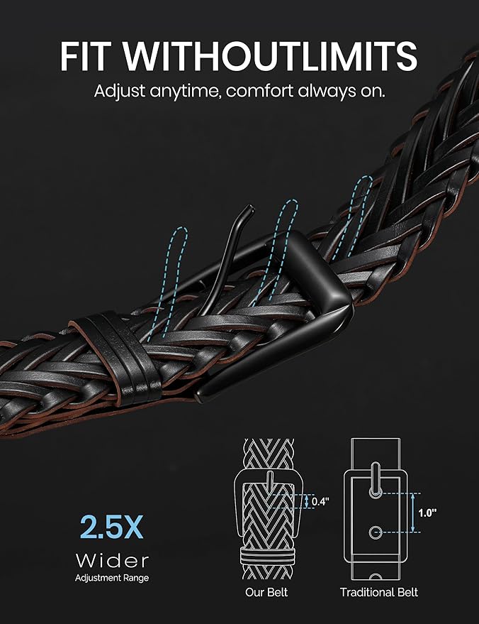 Braided Leather Belt for Men Adjustable Woven Golf Belt for Causal Shorts Pants Jeans 1.4'' Width