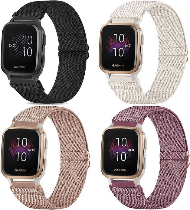 4 Pack Stretchy Watch Bands Compatible with 20mm Garmin Venu Sq/Venu Sq 2, Loop Nylon Elastic Fabric Strap for Garmin Vivomove Style/Luxe/HR Women Men