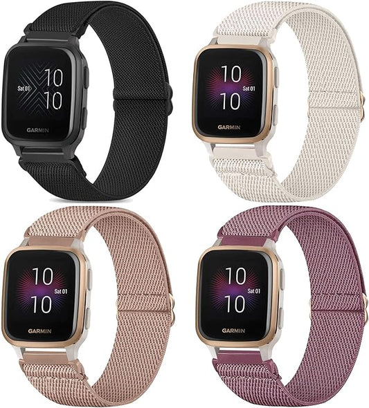 4 Pack Stretchy Watch Bands Compatible with 20mm Garmin Venu Sq/Venu Sq 2, Loop Nylon Elastic Fabric Strap for Garmin Vivomove Style/Luxe/HR Women Men